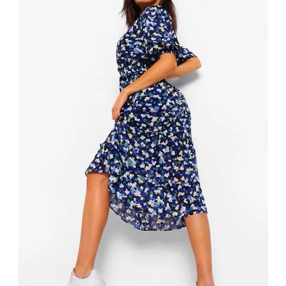 Boohoo Floral Chiffon Puff Sleeve Midi Dress Size 4 - Picture 15 of 15